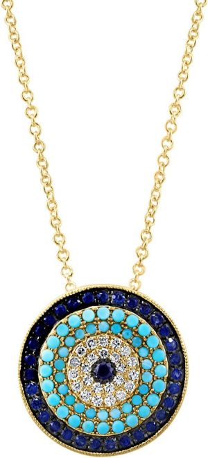 זרע תכשיטים מיוחדים. Effy Jewelry Diamond, Sapphire & Turquoise Evil Eye Medallion Pendant Necklace in 14K Yellow Gold, 0.85 TWC-HPYCT309DL