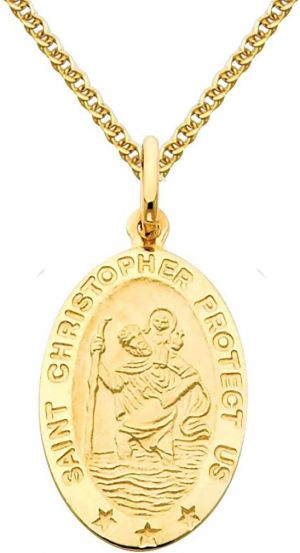 The World Jewelry Center 14k Yellow Gold Religious Saint Christopher Medal Pendant with 1.5mm Flat Open Wheat Chain Necklace