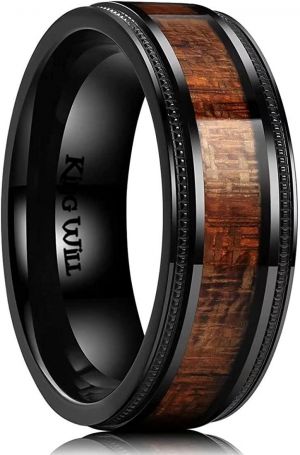 King Will NATURE 7mm 8mm Titanium Ring Black/Silver with Wood Inlay Wedding Band Ring for Men Real Comfort Fit