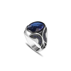 925 Sterling Silver Men Silver Ring with Sapphire GemStone, Handmade Engraved Silver Ring, Gift for him, Minimalist Silver Ring