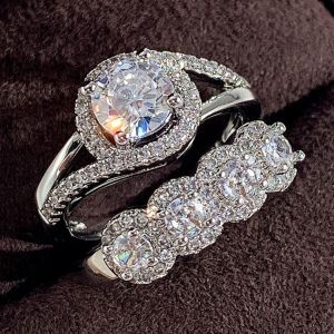 זרע תכשיטים טבעות לאישה. Huitan Hot Sale 2Pcs Set Rings for Women Gorgeous Bride Wedding Rings with Brilliant Cubic Zirconia Modern Design New Jewelry