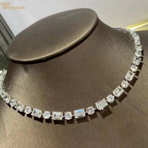 Wong Rain 100% 925 Sterling Silver Emerald Cut Created Moissanite Gemstone Wedding Party Women's Chain Necklace Fine Jewelry - Nec