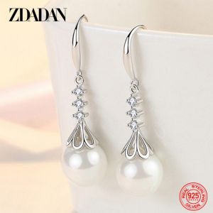 זרע תכשיטים עגילים. ZDADAN 925 Sterling Silver Drop Shaped Pearl Long Dangle Earring For Women Fashion Wedding Jewelry Gift
