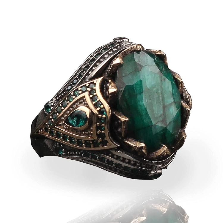 זרע תכשיטים טבעות לגבר. Emerald Stone Men Silver Ring, 925 Sterling Silver Emerald Gemstone Ring, Handmade Engraved Turkish Silver Ring with Natural Emera